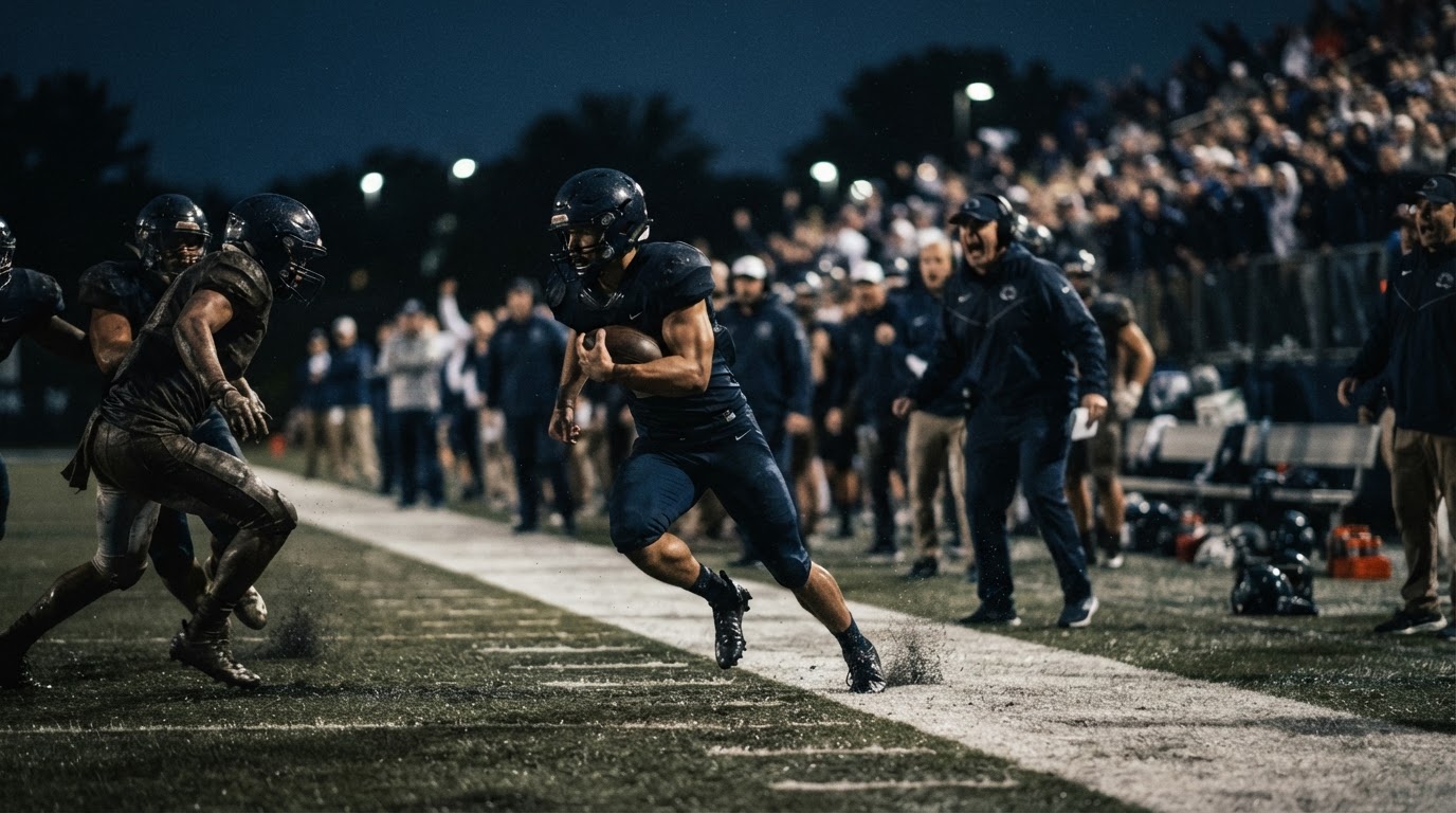 Dramatic field-level football scene from the sideline