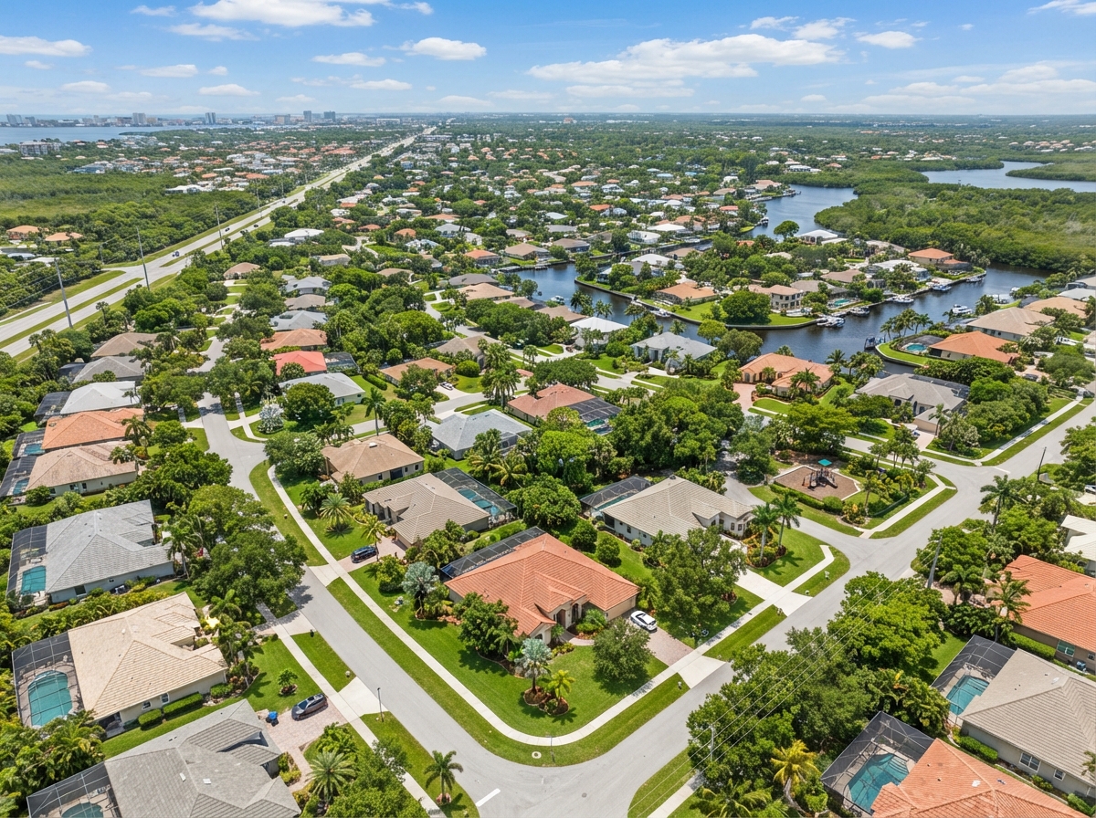 Aerial view of North Fort Myers Florida suburban neighborhood with homes and trees