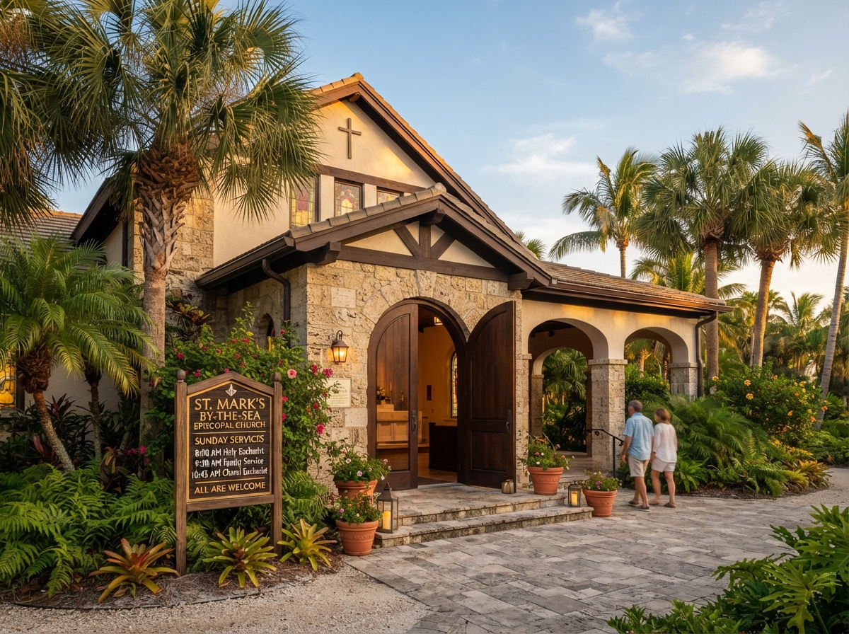 Welcoming entrance of a Southwest Florida place of worship with a service times sign