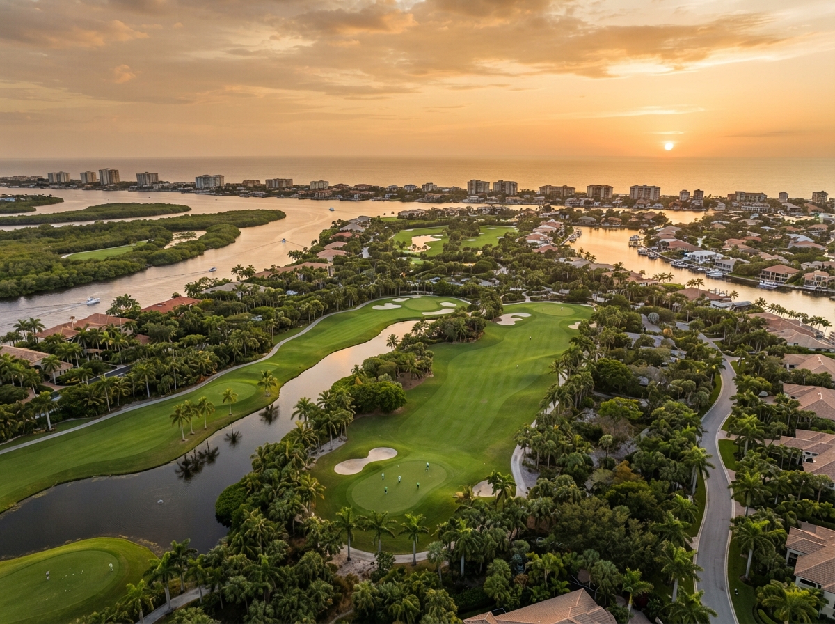 Aerial view of Bonita Springs Florida with a golf course