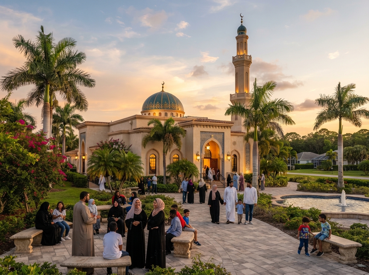 Serene mosque in Southwest Florida with a dome, minaret, and palm trees