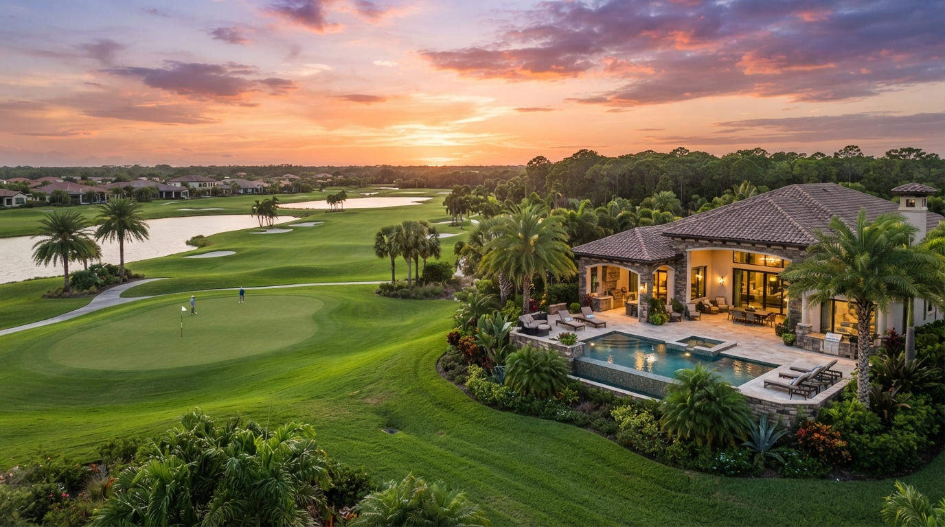 Southwest Florida golf-course community home overlooking a manicured fairway and green at sunset