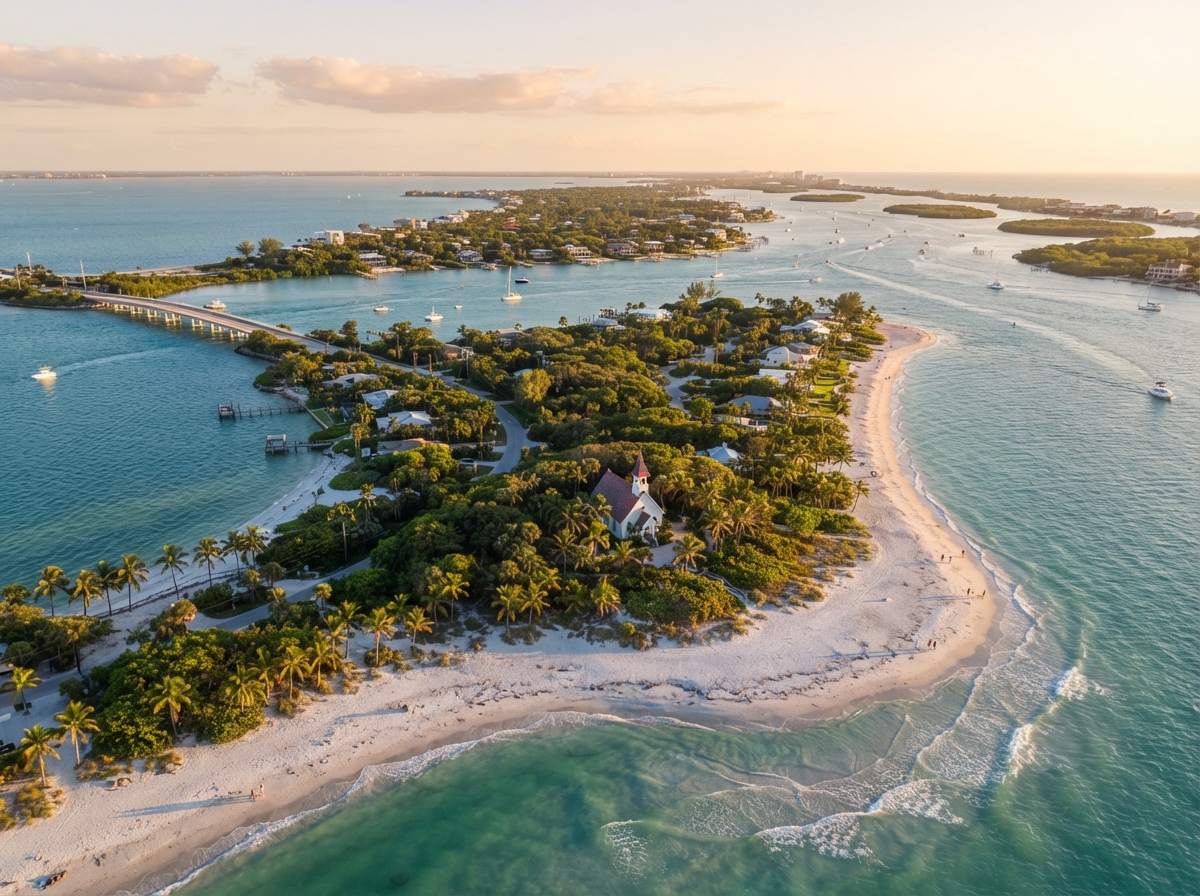 Aerial view of Sanibel and Captiva Islands Florida coastline with an island chapel