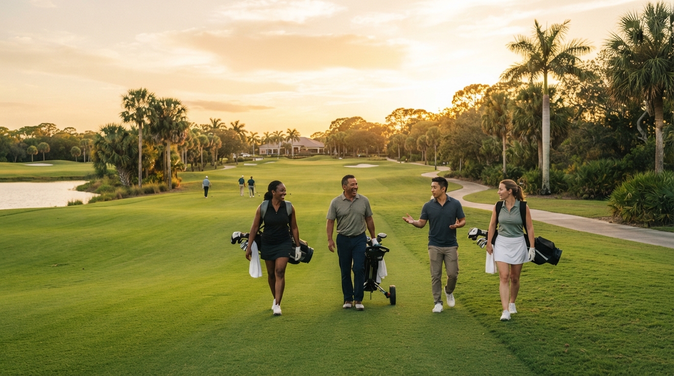 Diverse group of golfers of different ethnicities and genders walking a Southwest Florida fairway at golden hour