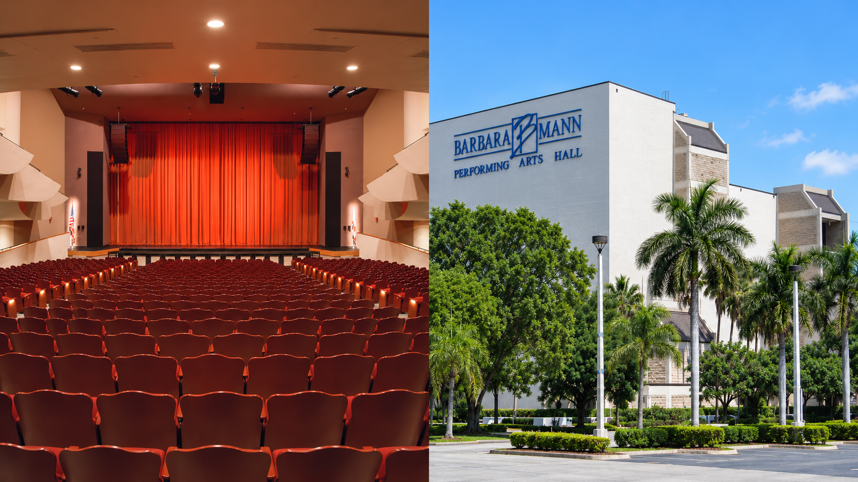 Barbara B. Mann Performing Arts Hall interior theater seating and exterior building sign