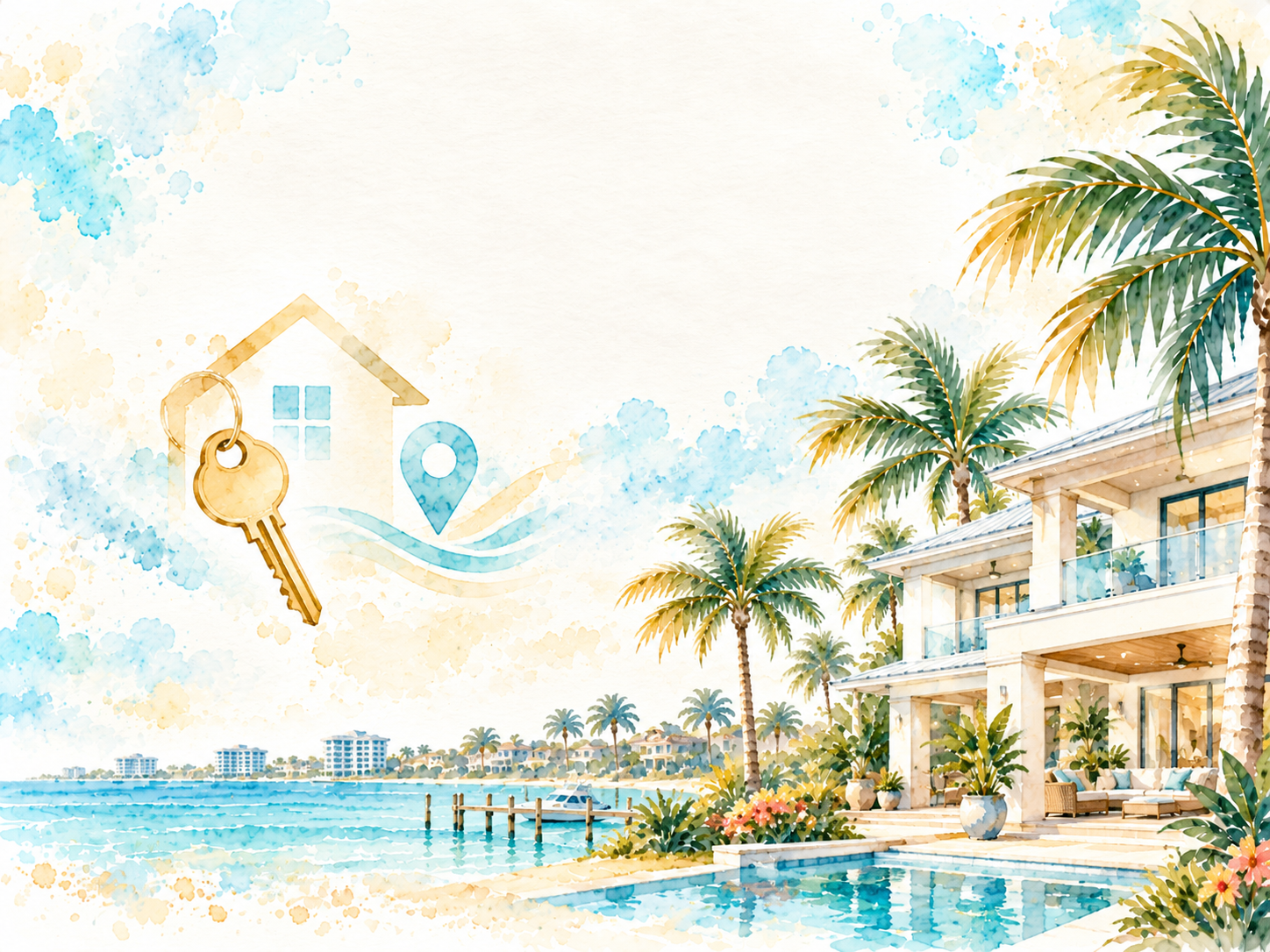 Southwest Florida luxury waterfront home, pool, palm trees and coastal keys