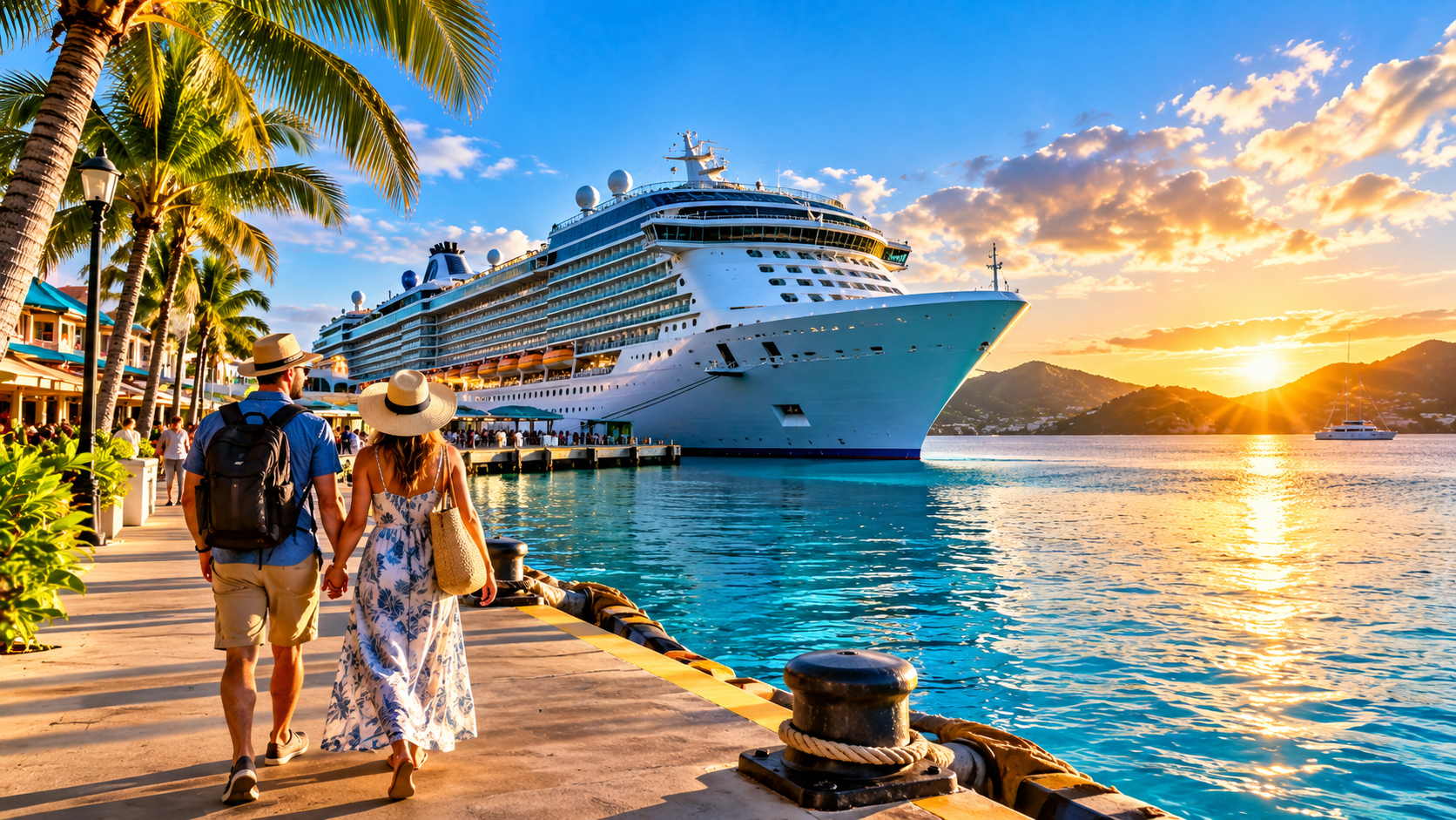Travelers walking hand-in-hand along a tropical pier approaching a modern luxury cruise ship at sunset