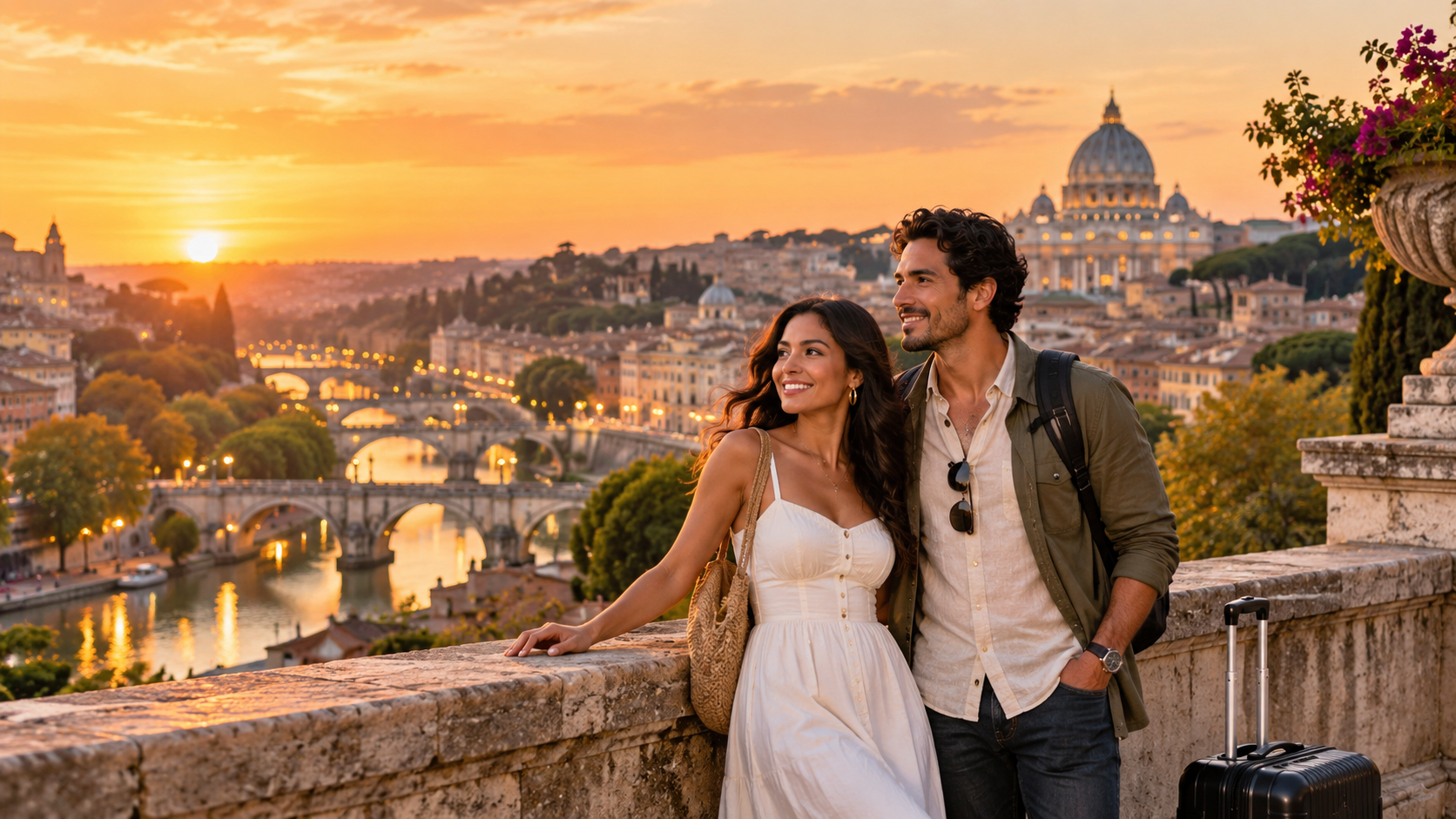 Couple at a golden-hour overlook admiring historic Roman bridges, river, and St. Peter's Basilica