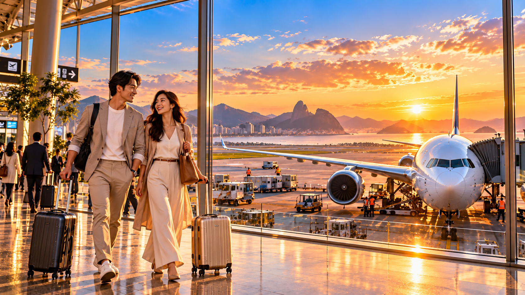 Stylish couple with luggage in an airport terminal gazing out panoramic glass at a commercial airliner and mountain coastal sunset