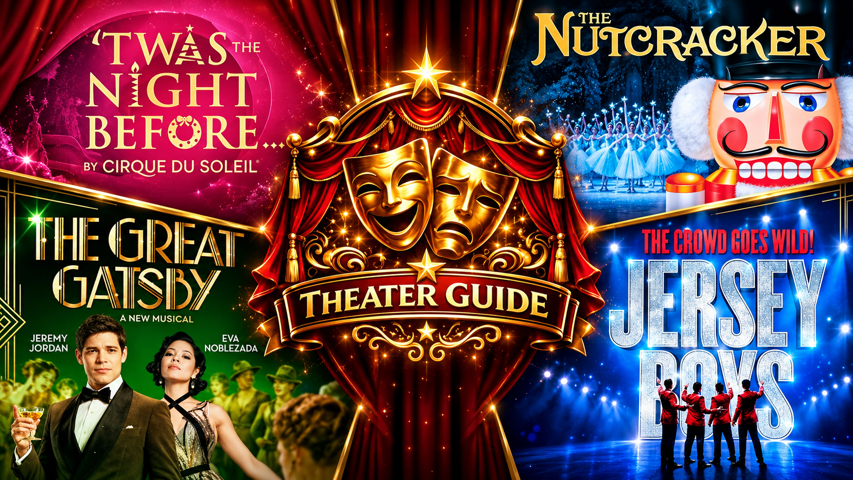 Theater Guide Southwest Florida showing live productions including The Nutcracker, Jersey Boys, The Great Gatsby, and Twas the Night Before