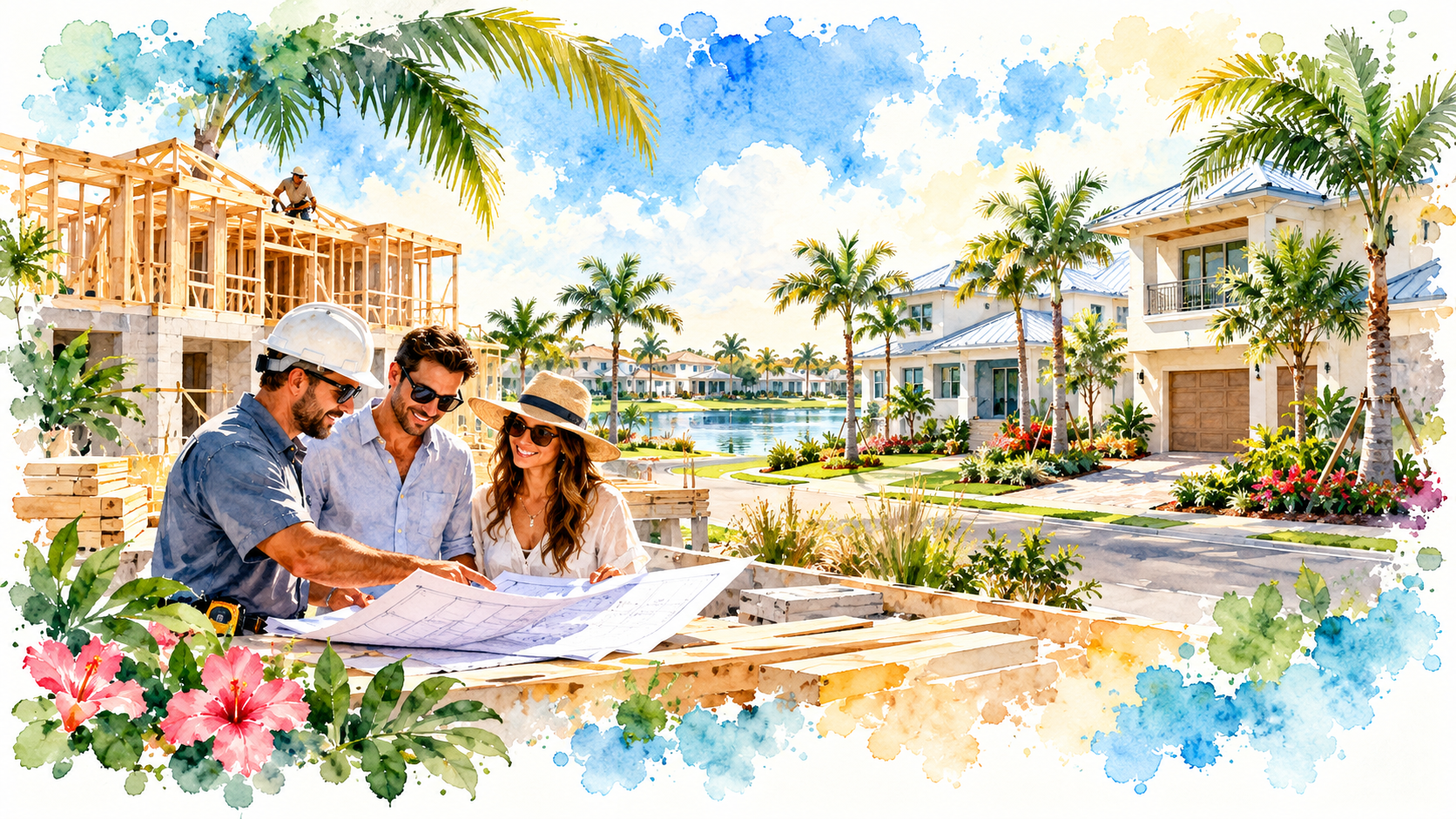 Southwest Florida new home construction, builders reviewing architectural plans, and sunny residential communities