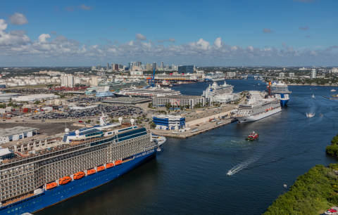 Aerial view of cruise ships docked along the waterways and terminals at Port Everglades in Fort Lauderdale