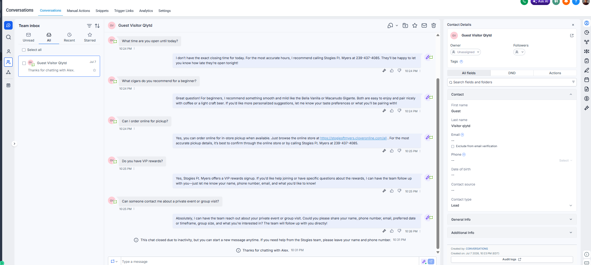 Alex AI Chat Assistant desktop inbox view showing complete conversation history and contact details