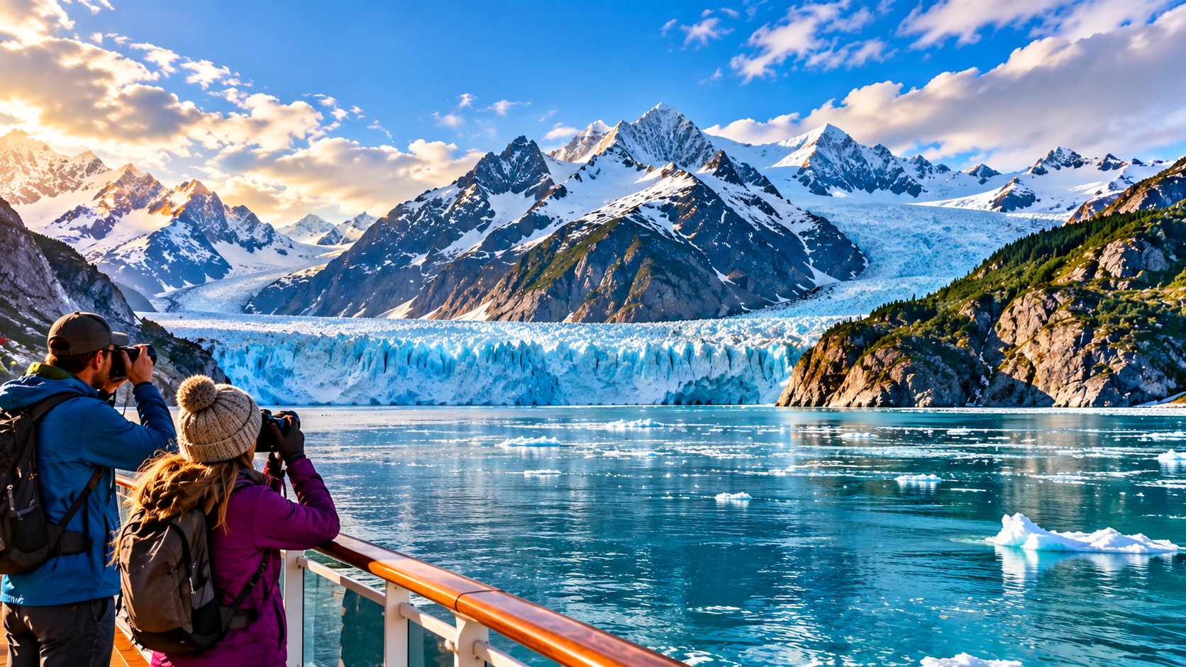 Travelers on a ship deck photographing a dramatic tidewater glacier and snow-capped peaks in Alaska