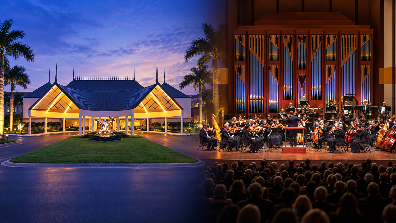 Artis—Naples twilight campus pavilion exterior and Naples Philharmonic symphony orchestra concert hall