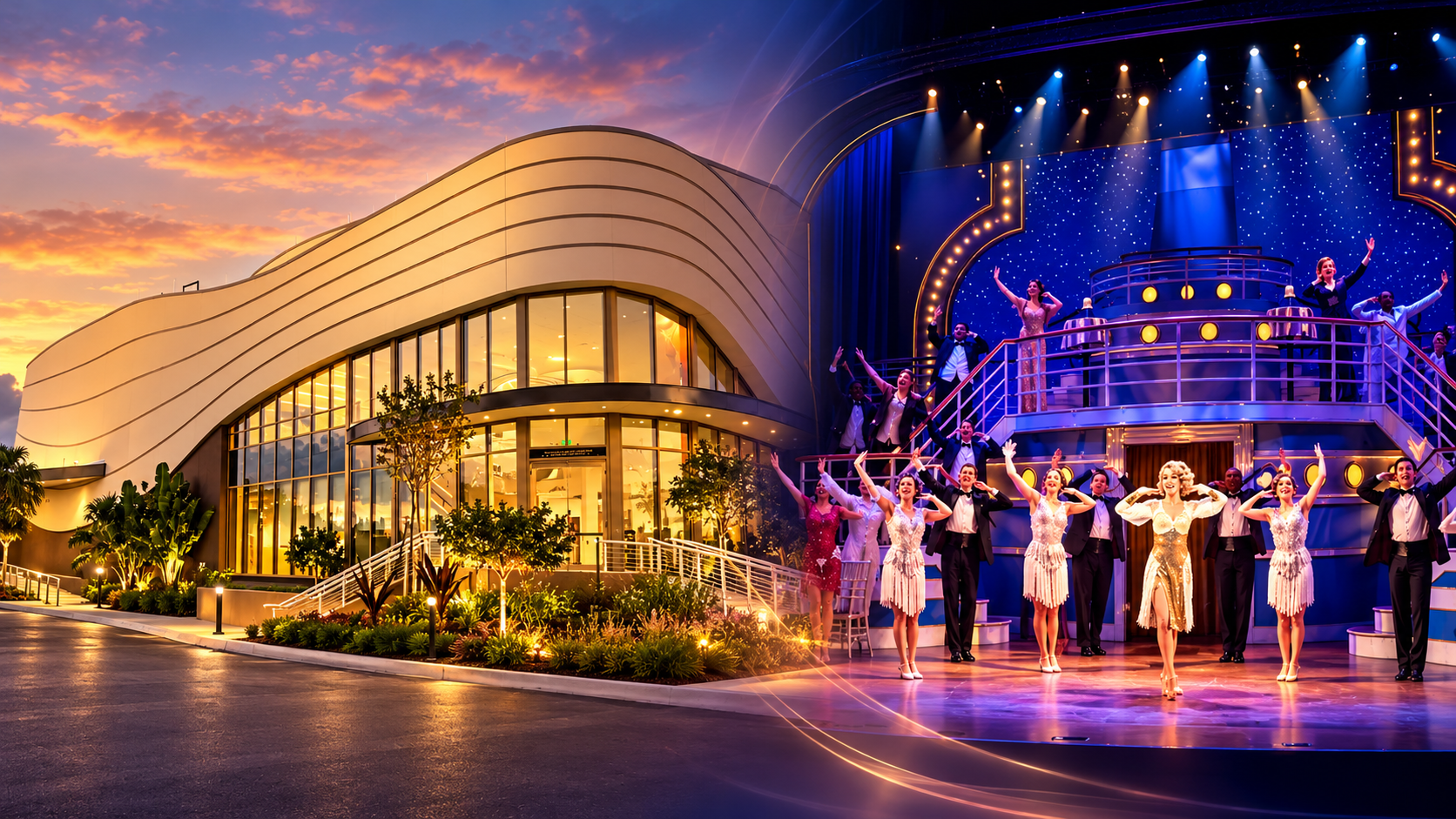 Gulfshore Playhouse modern theater exterior at dusk and live musical stage performance
