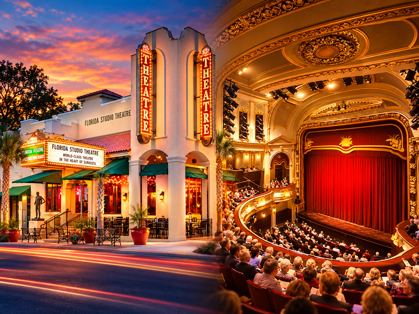 Florida Studio Theatre illuminated marquee exterior in downtown Sarasota and live theater audience with stage