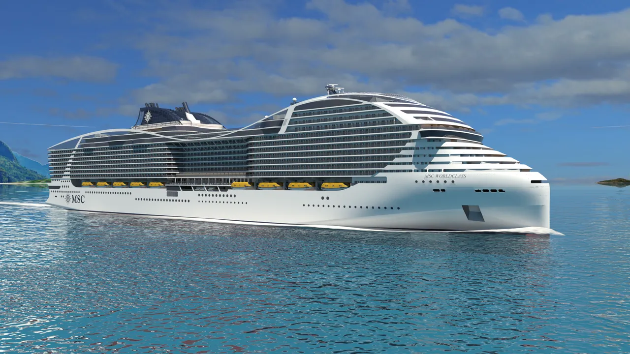MSC World Class modern mega cruise ship sailing across calm ocean waters under a blue sky