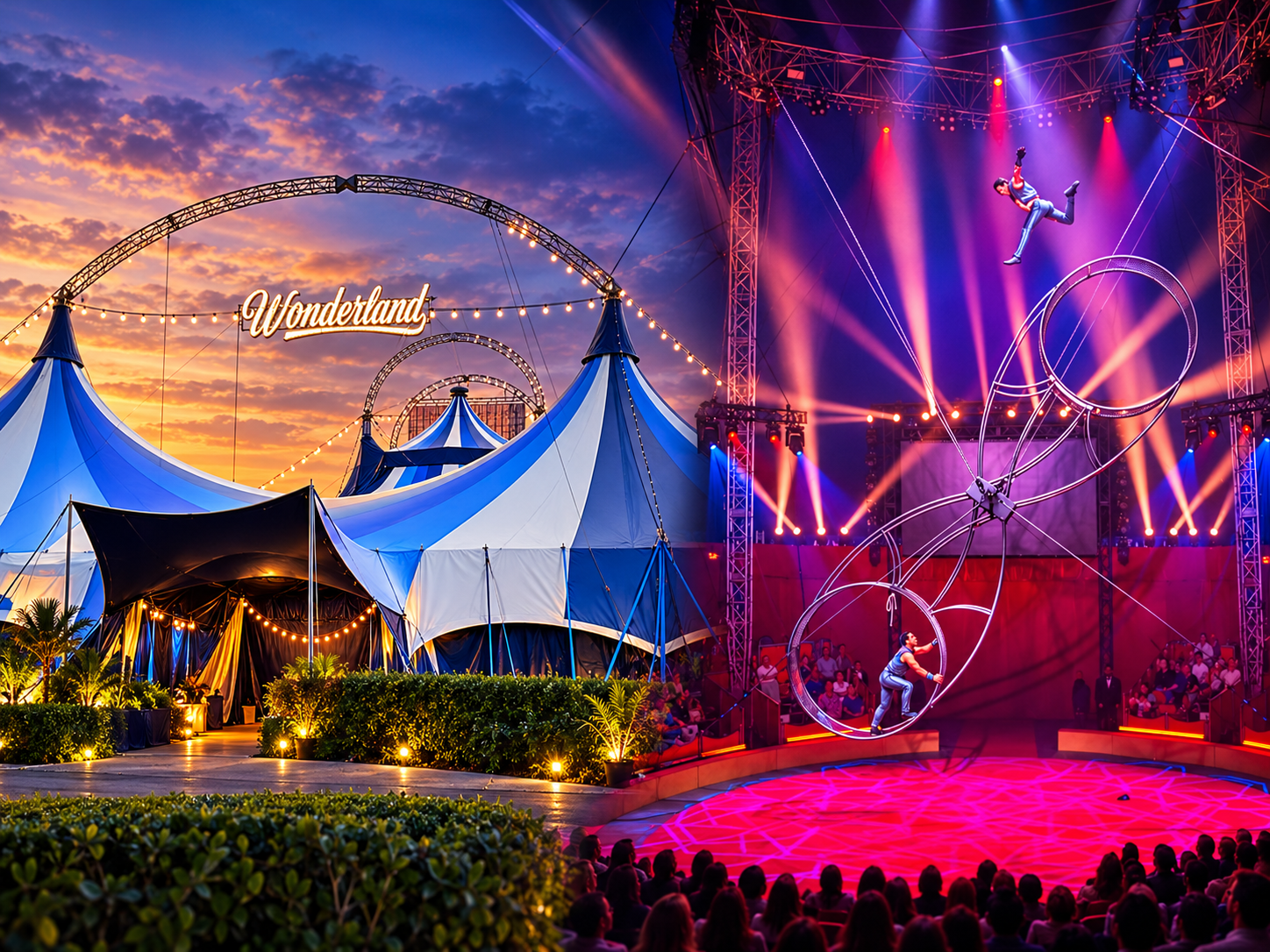 Wonderland Circus Big Top tent exterior and aerial circus performance in Sarasota