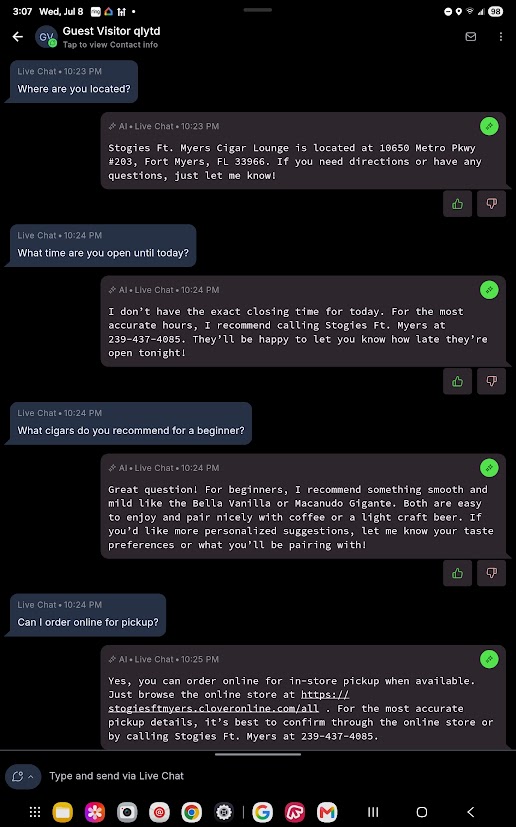 Alex AI Chat Assistant mobile conversation view showing customer inquiries and responses