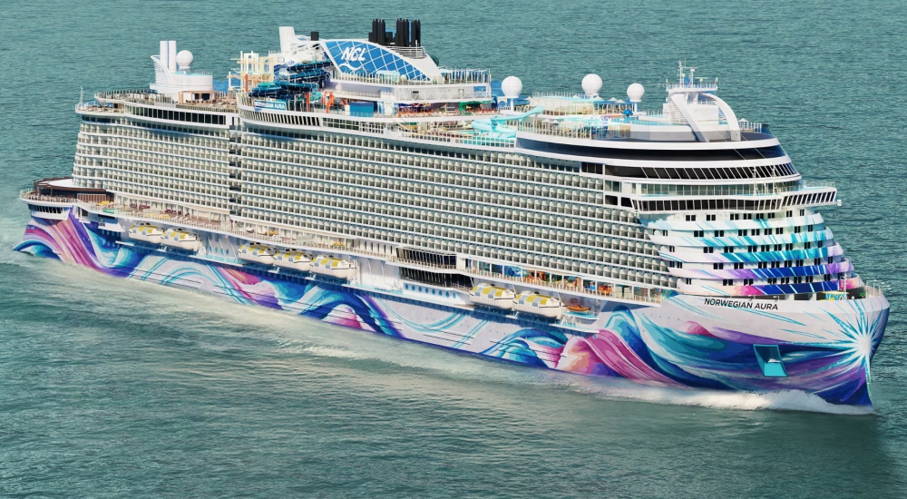 Norwegian Aura cruise ship featuring colorful hull artwork sailing across open ocean waters