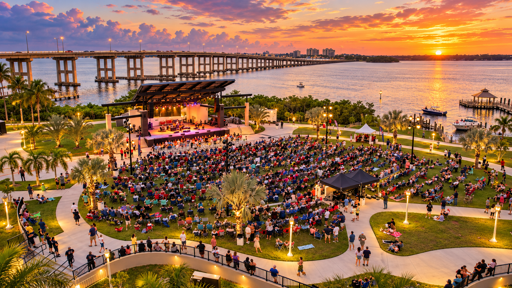 Outdoor waterfront concert at sunset in Centennial Park in downtown Fort Myers, Florida