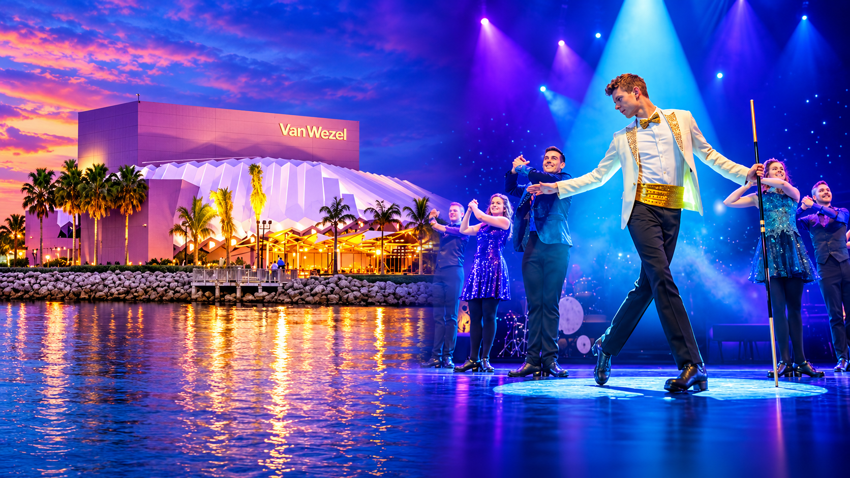 Van Wezel Performing Arts Hall bayfront theater at twilight and live stage musical performance