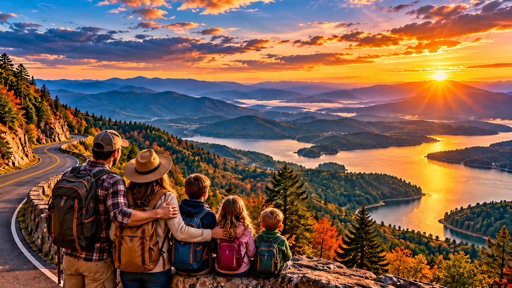 Family of five with backpacks admiring an expansive sunset over scenic mountain lakes, fall foliage, and a winding road