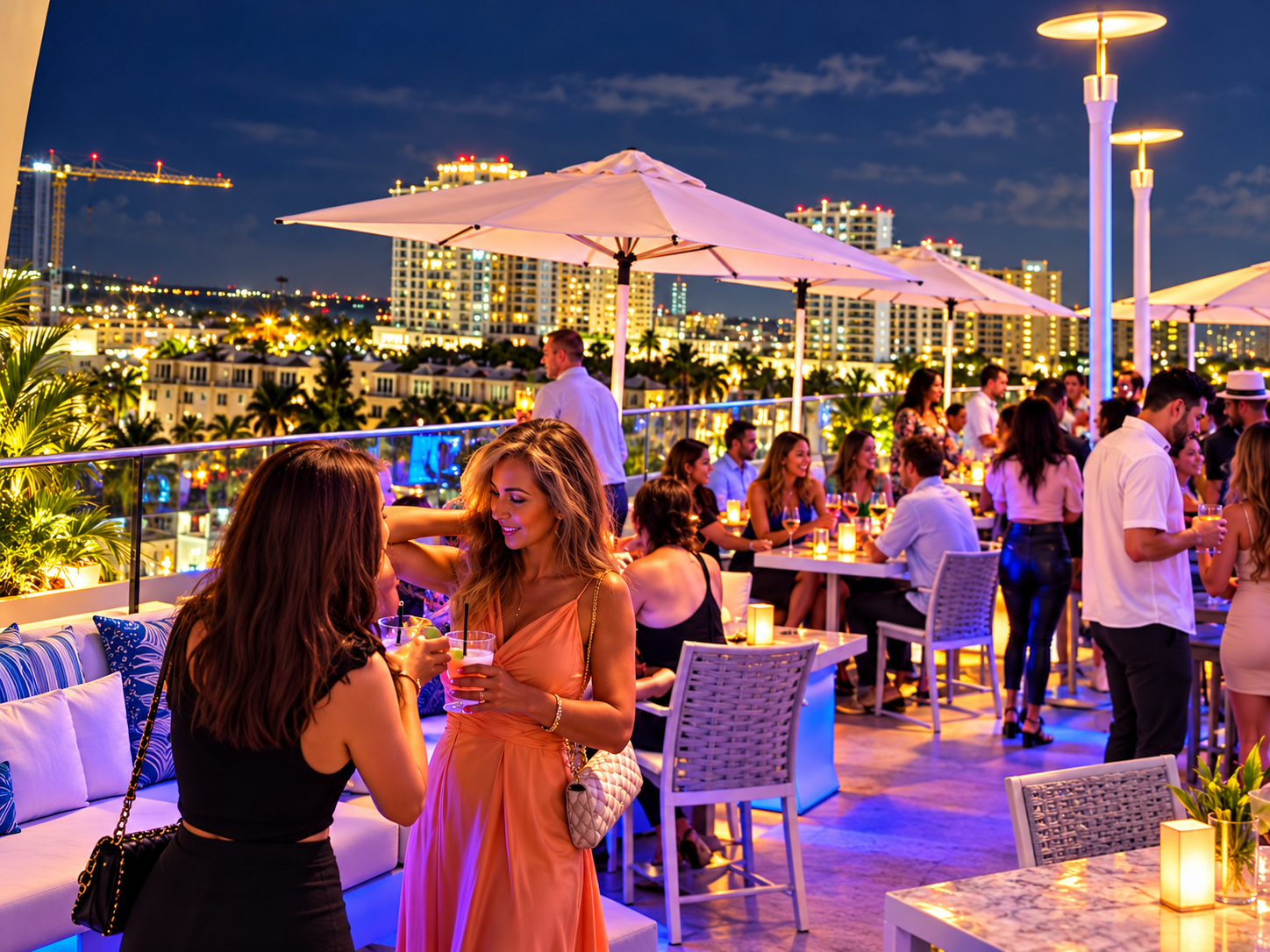 Guests enjoying cocktails at an illuminated twilight rooftop lounge overlooking downtown Sarasota, Florida
