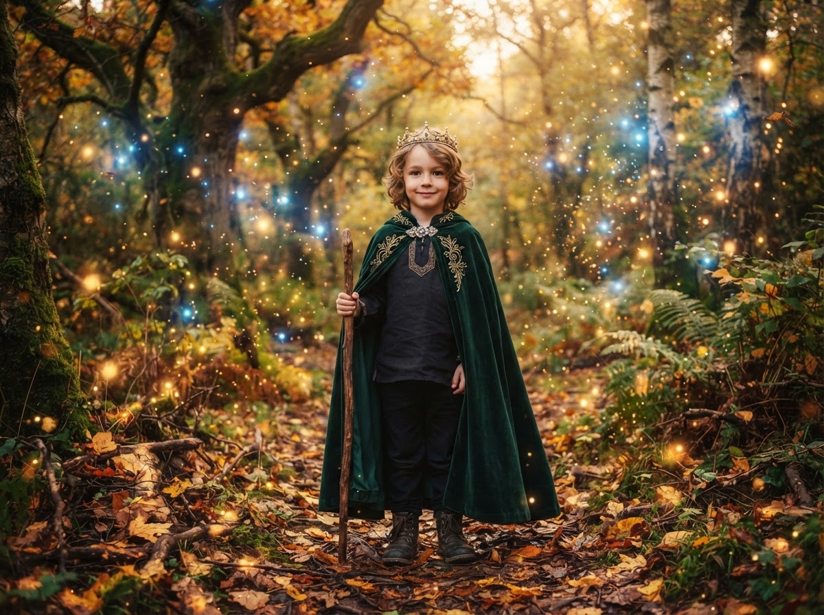 Child as a prince in a magical woodland portrait by Magical Portraits Studio