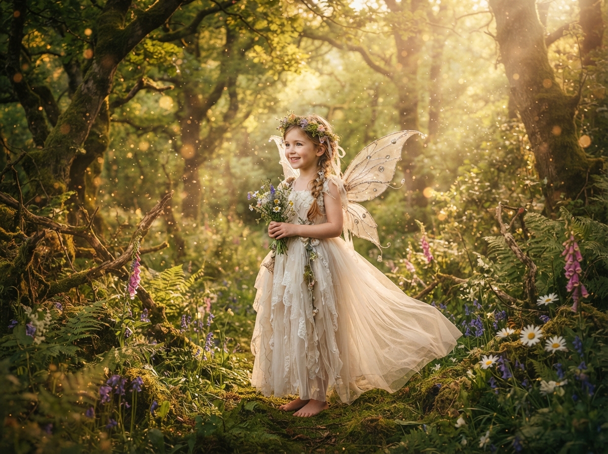 Child in a flowing fairy dress with delicate wings in an enchanted forest