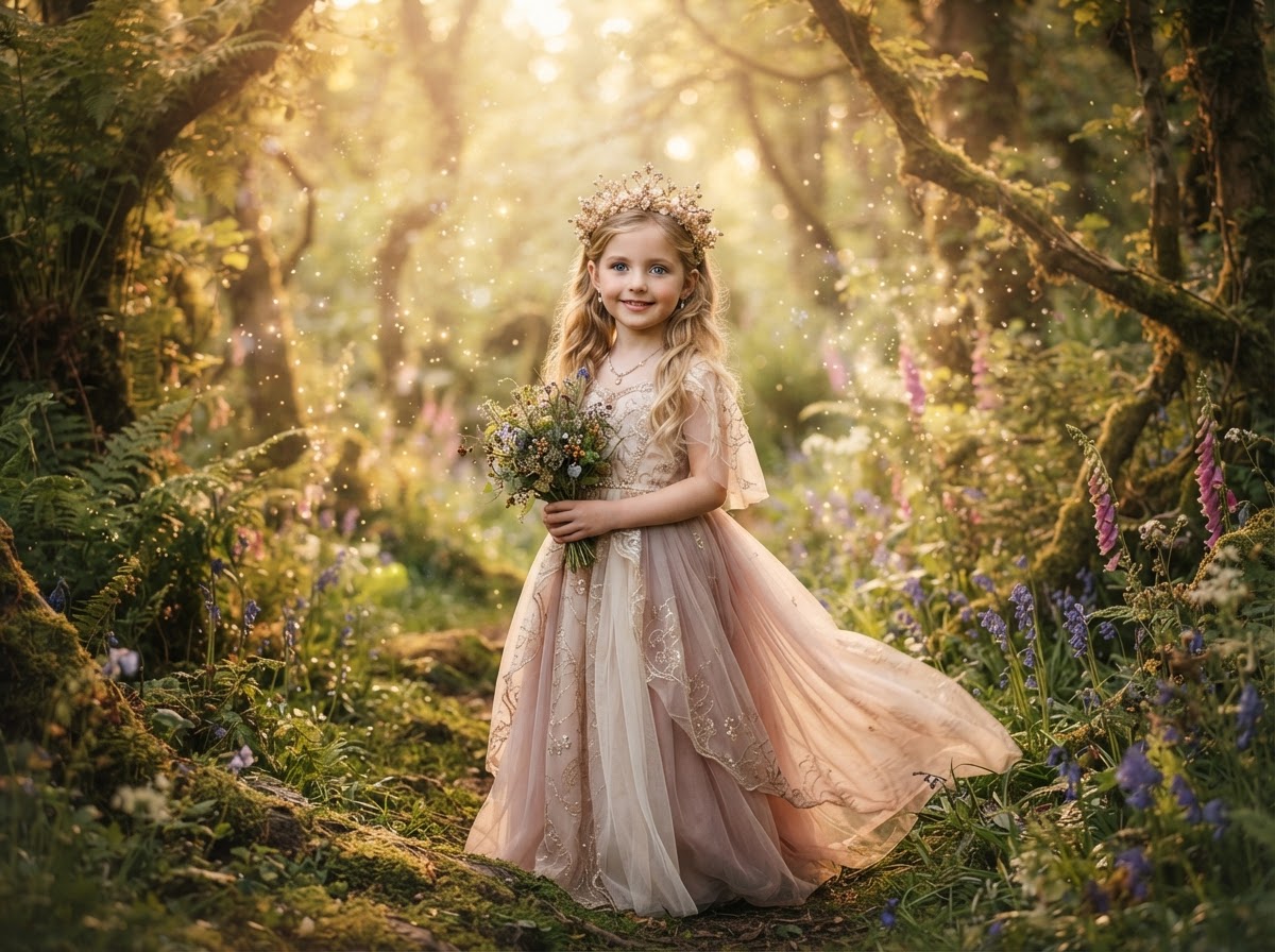 Young girl as a princess with golden crown in an enchanted woodland by Magical Portraits Studio