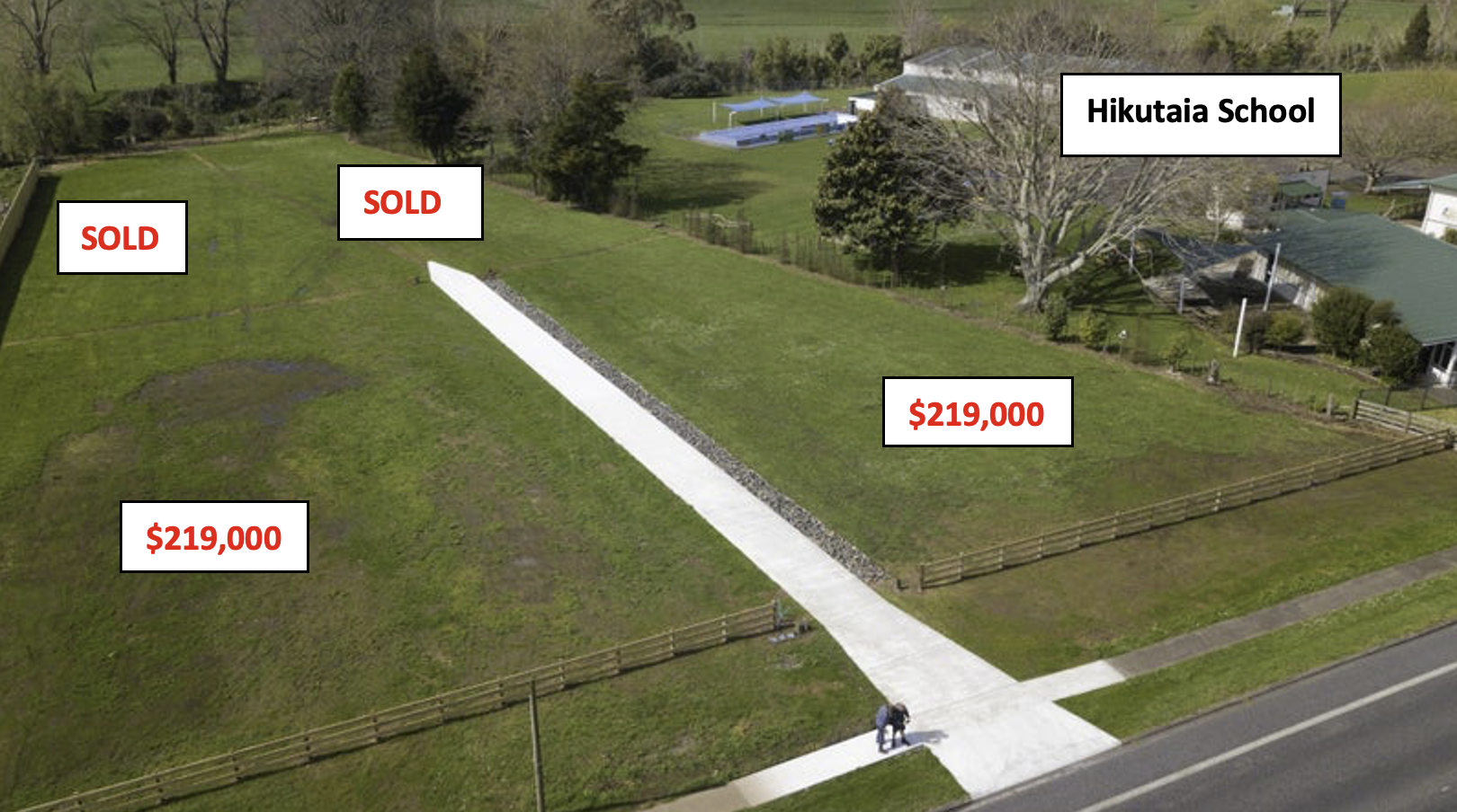 Aerial Panorama of Subdivision Sections showing Lots 1 & 2 ($219,000) and Hikutaia Primary School