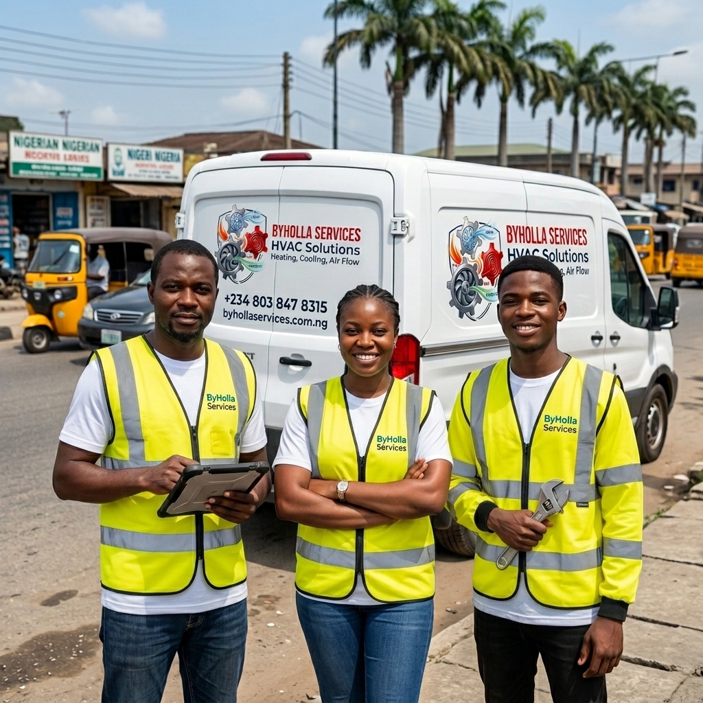 Team of Nigerian HVAC technicians from ByHolla Services in reflective safety jackets beside their service van