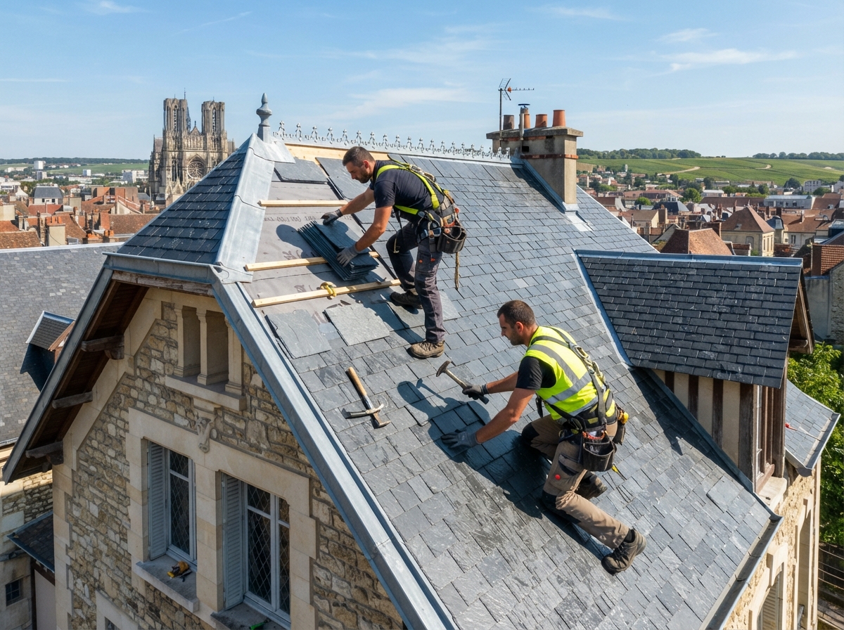 Artisan couvreur de Carette Couverture au travail sur un toit à Reims