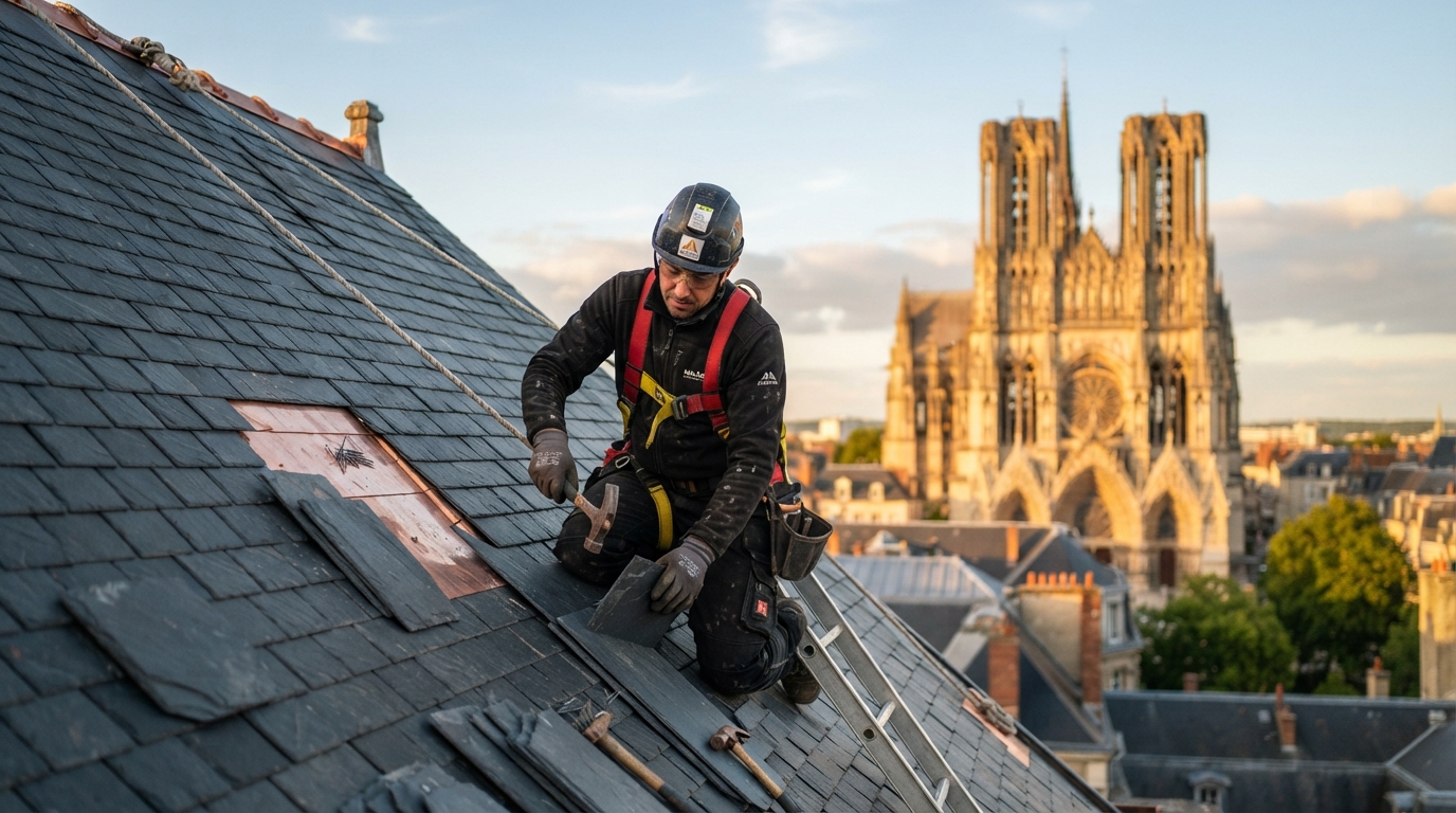 Couvreur Carette Couverture travaillant sur une toiture à Reims, cathédrale en arrière-plan