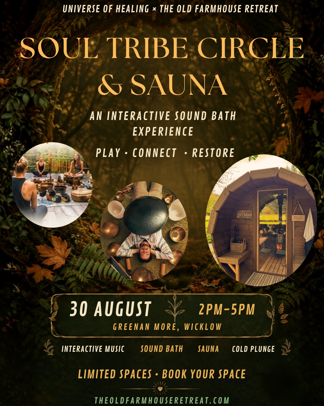 Woodland sound circle ceremony at golden hour in an Irish forest