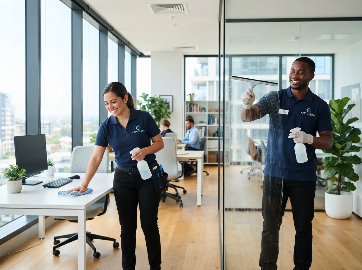 Professional cleaning team — female and male staff cleaning a modern office