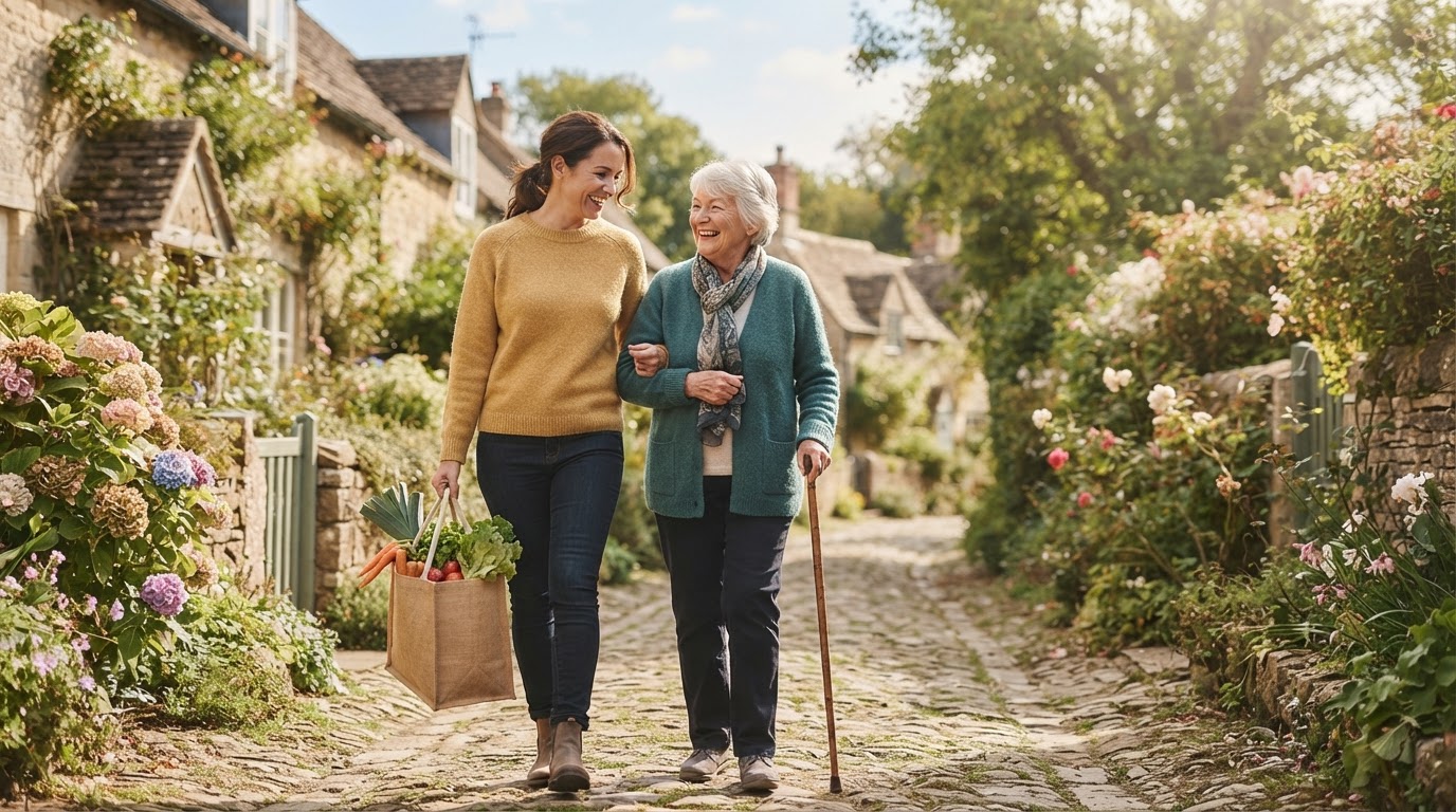Betreuerin und Seniorin beim gemeinsamen Einkaufen und Spaziergang