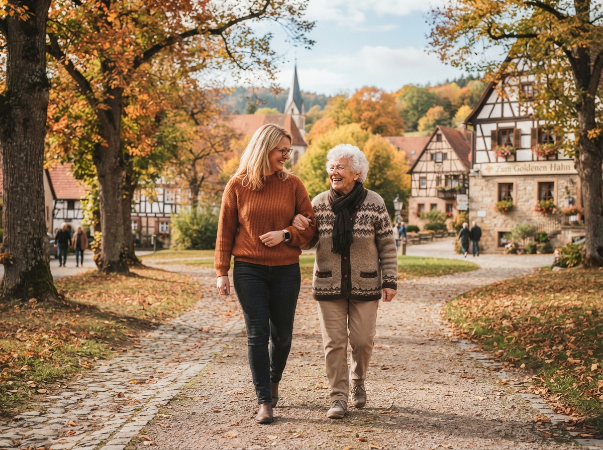 Betreuerin und Seniorin gehen gemeinsam spazieren