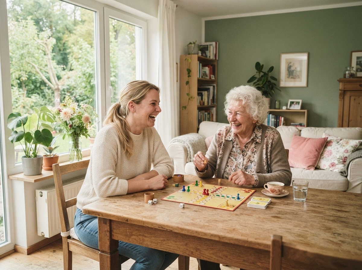 Betreuerin und Seniorin spielen gemeinsam ein Brettspiel am Tisch und lachen