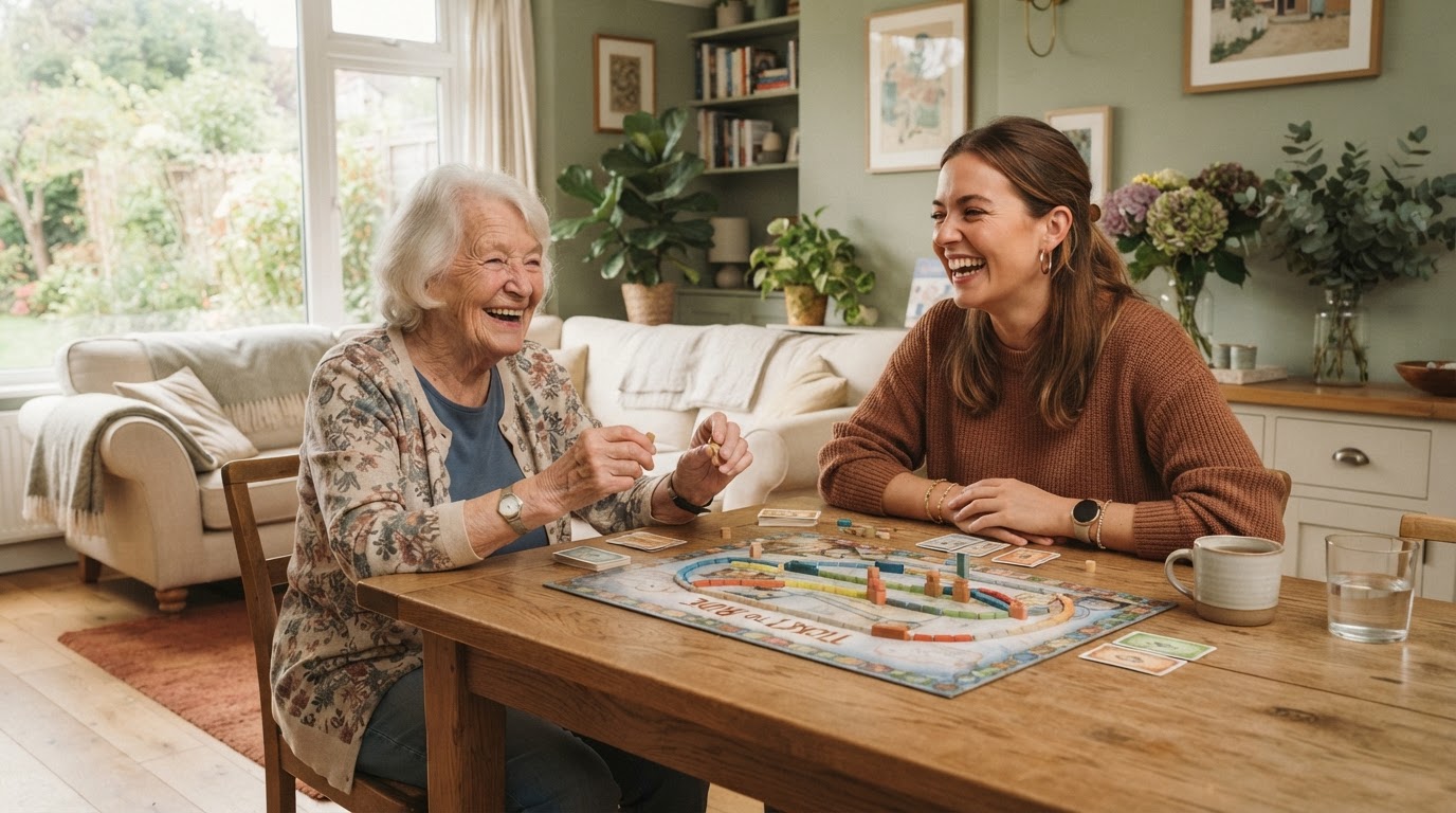 Fröhliche Betreuerin mit Seniorin bei gemeinsamer Aktivität