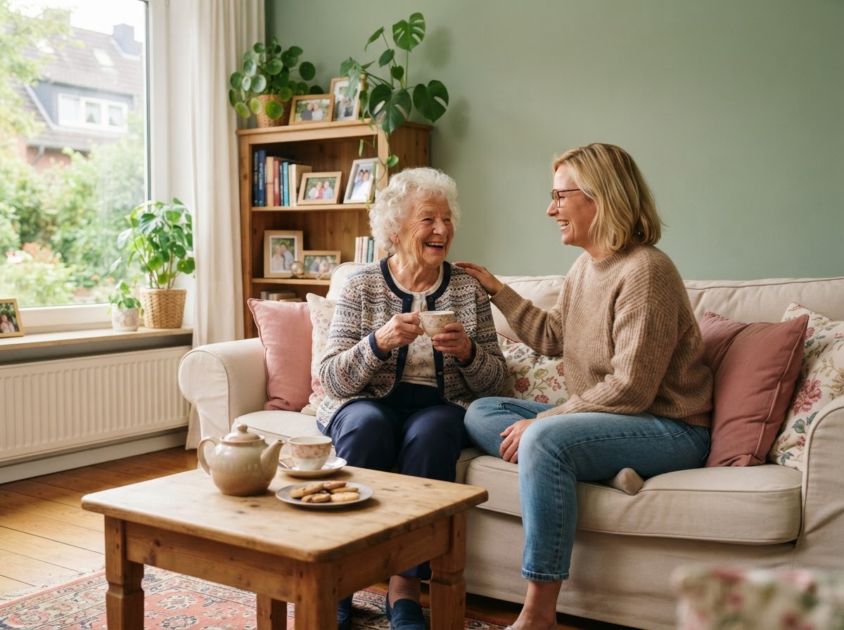 Betreuerin und Seniorin lachen gemeinsam auf dem Sofa