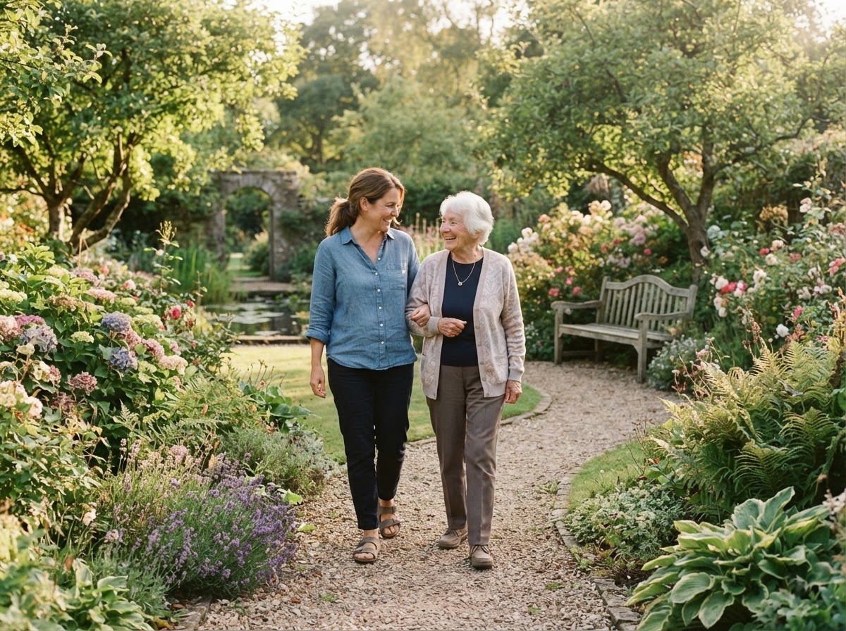 Betreuerin und Seniorin gehen Arm in Arm durch einen sonnigen Garten