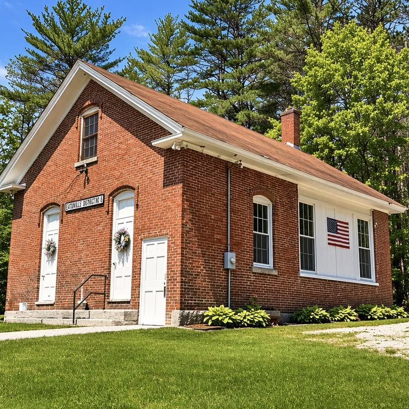 Exterior of the Riverhill Grange, a historic red-brick community hall with white trim, an American flag, and wreaths on the doors in Concord, New Hampshire