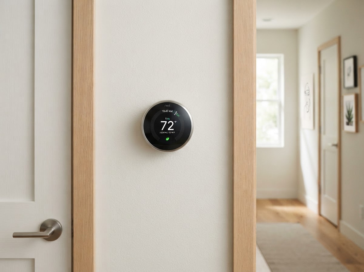 HVAC maintenance and thermostat service in an Indianapolis home hallway