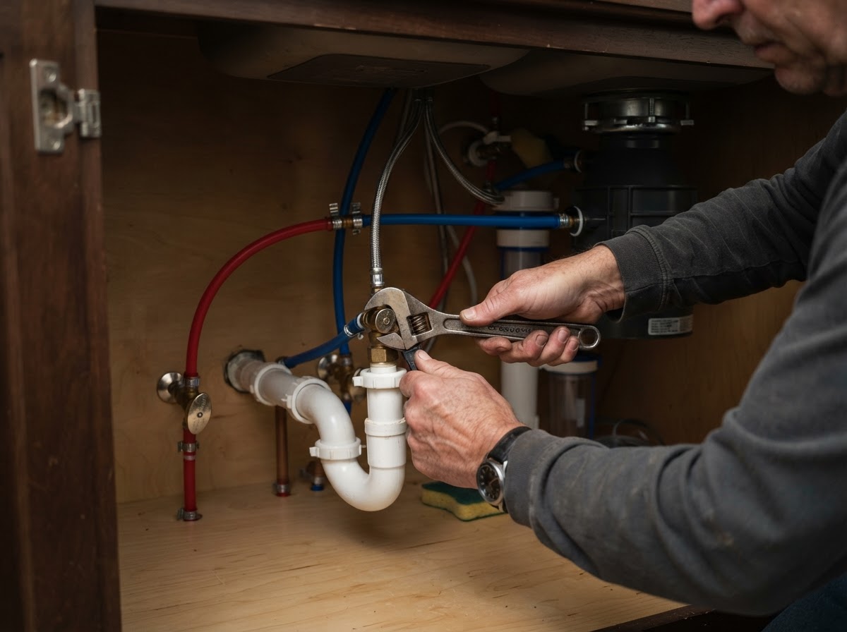 Under-sink residential plumbing repair and water heater installation