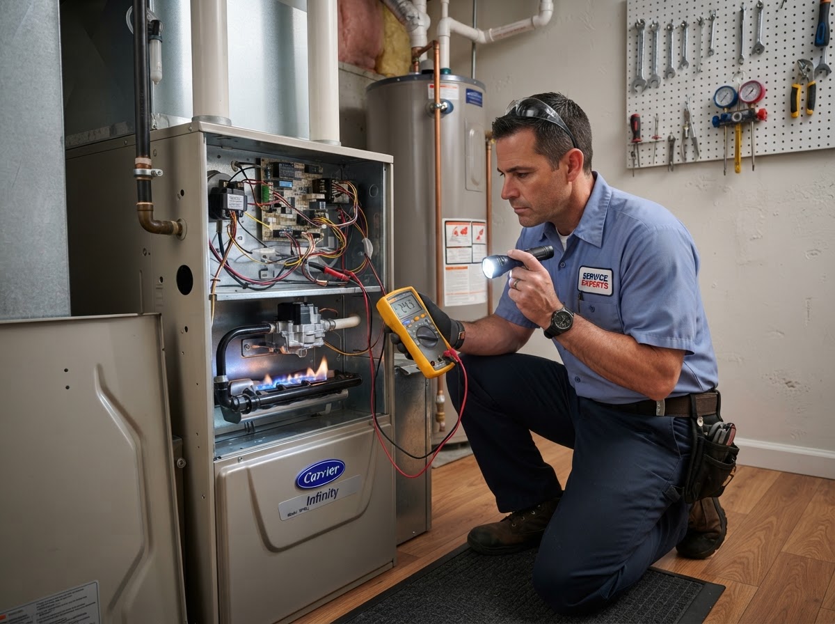 Heating and furnace repair technician examining equipment in Indianapolis