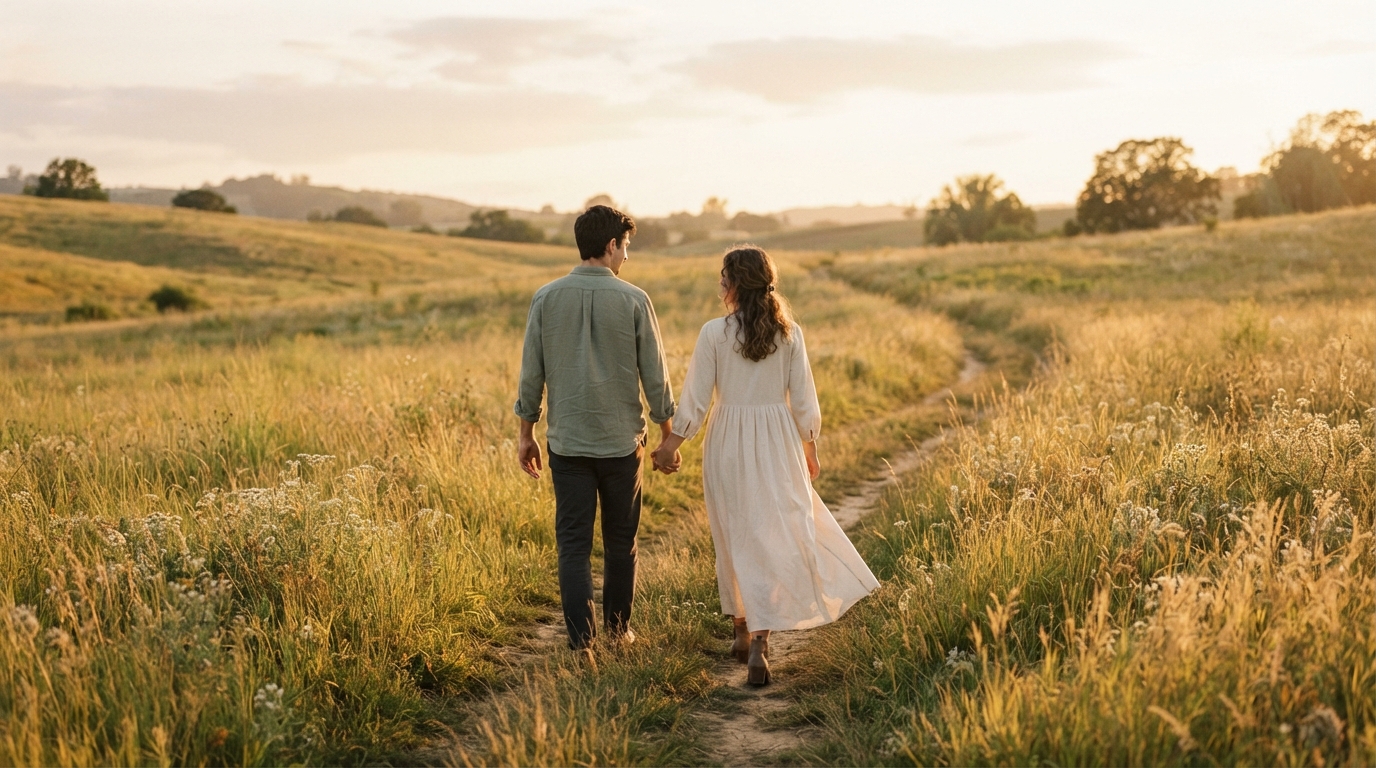 A married couple walking hand in hand along a quiet path at golden hour