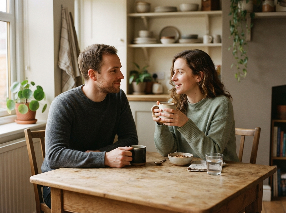A married couple having a calm conversation over coffee at a kitchen table